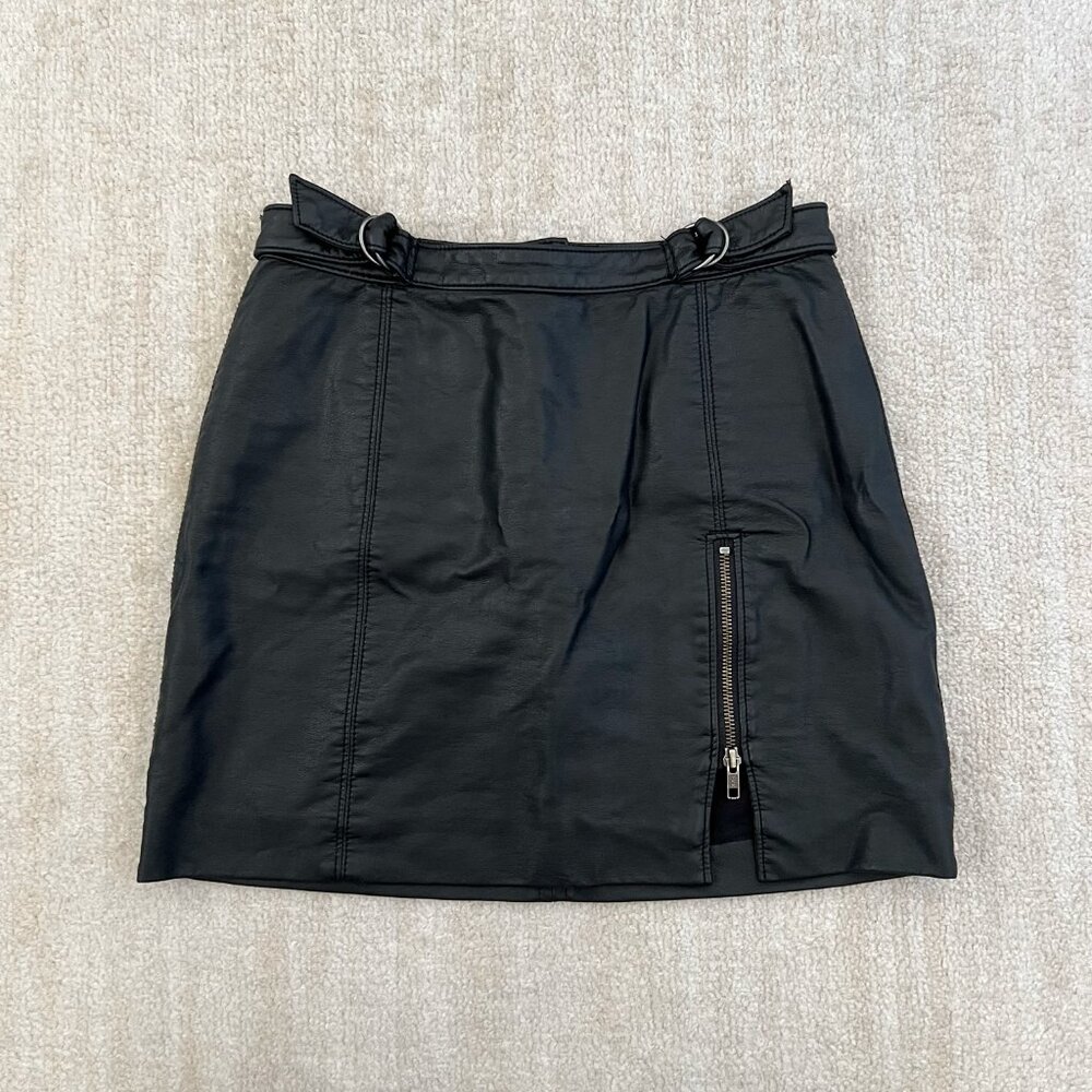 Free People Black Faux Leather Mini Skirt with Zip Detail